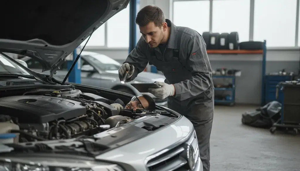 A mechanic inspecting the engine bay of a car