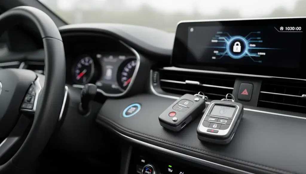 A car interior with keys on the console and a security lock icon on the dashboard display