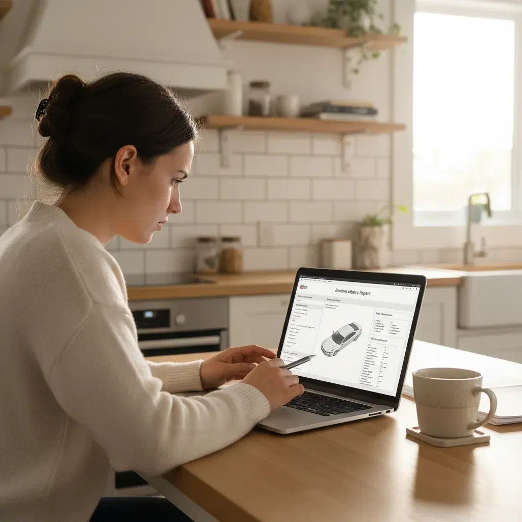 A person reviewing a vehicle report on a laptop
