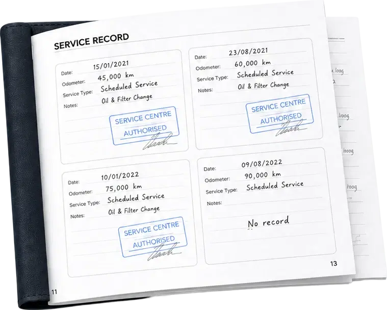 A paper service logbook with handwritten stamps and entries