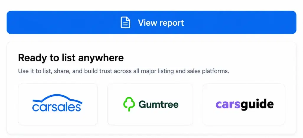 A Glovbox report ready to share, listed alongside carsales, Gumtree and carsguide