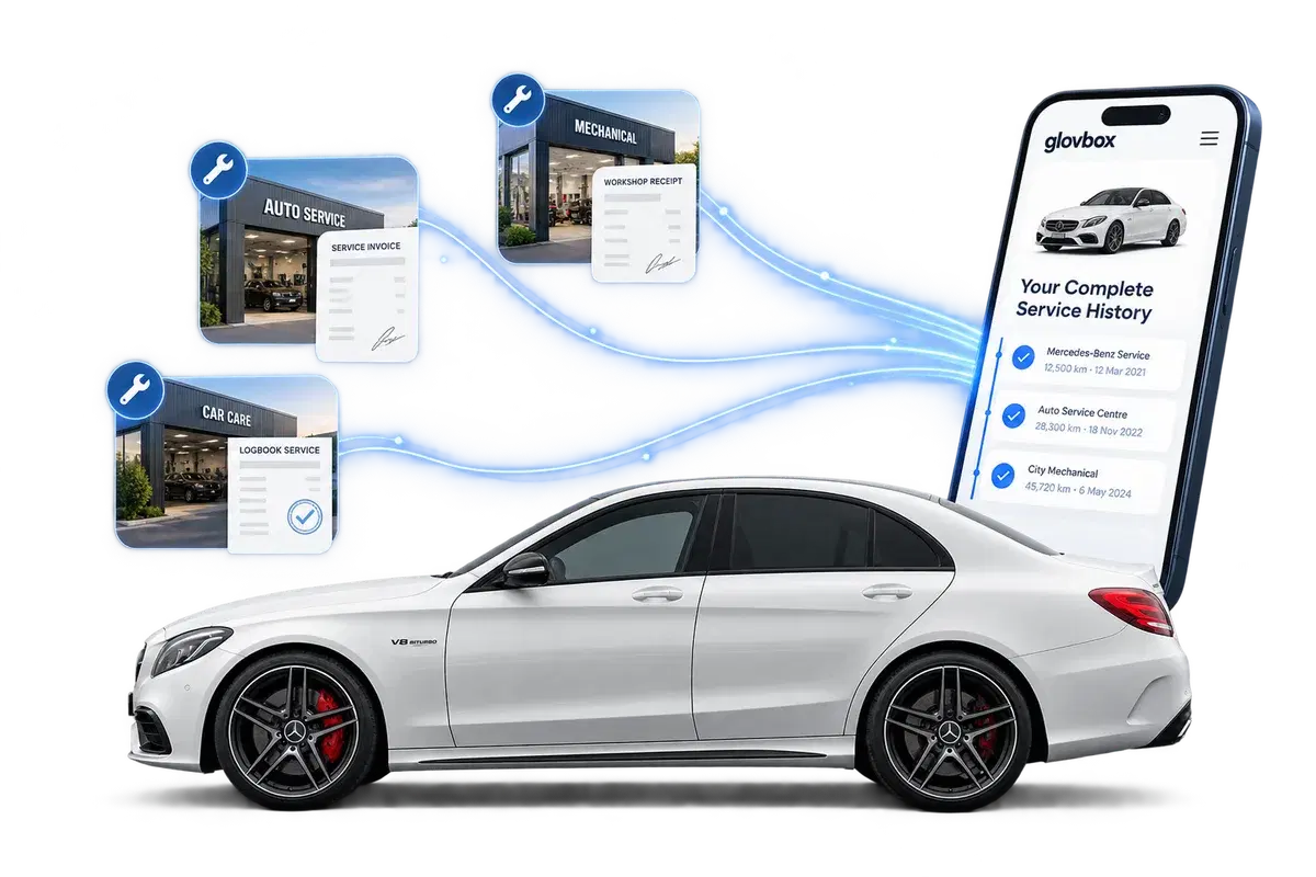 Service records from several different workshops flowing into a single Glovbox vehicle history on a phone