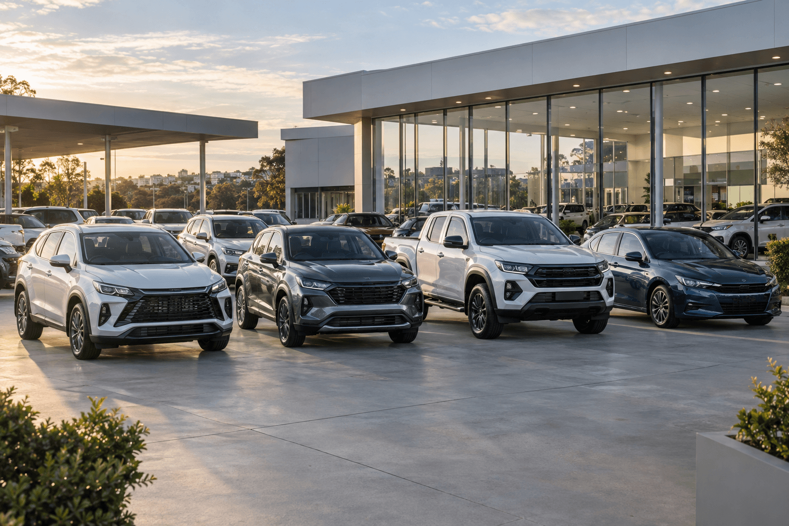 A selection of used vehicles outside a modern dealership showroom
