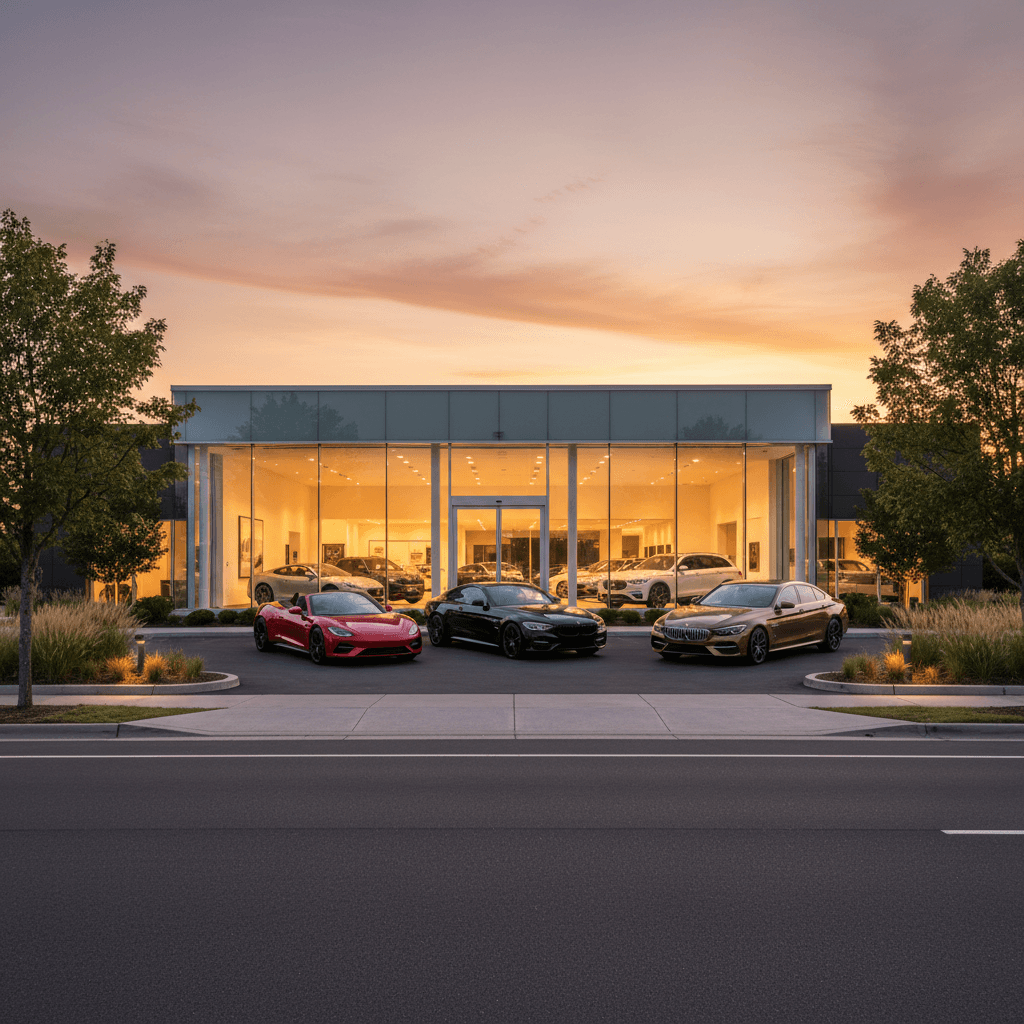 Modern Australian car dealership at sunset