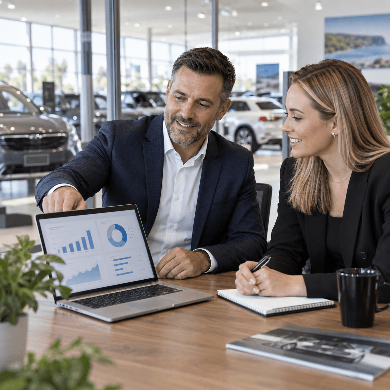 Dealership team reviewing buyer engagement results