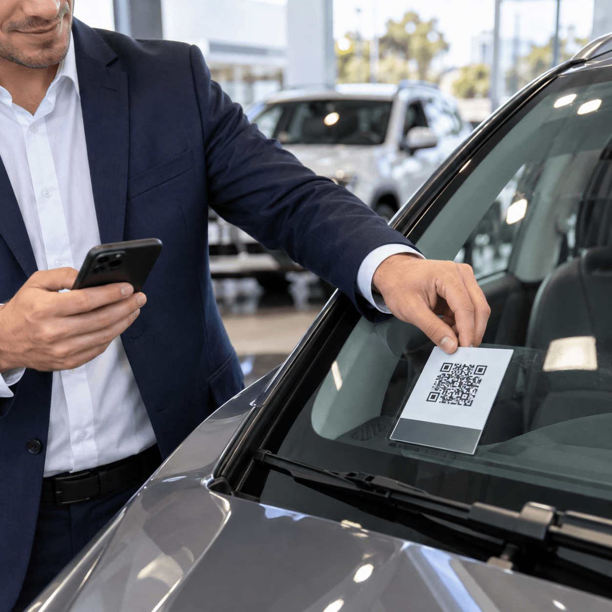 Salesperson placing a QR information card on a vehicle