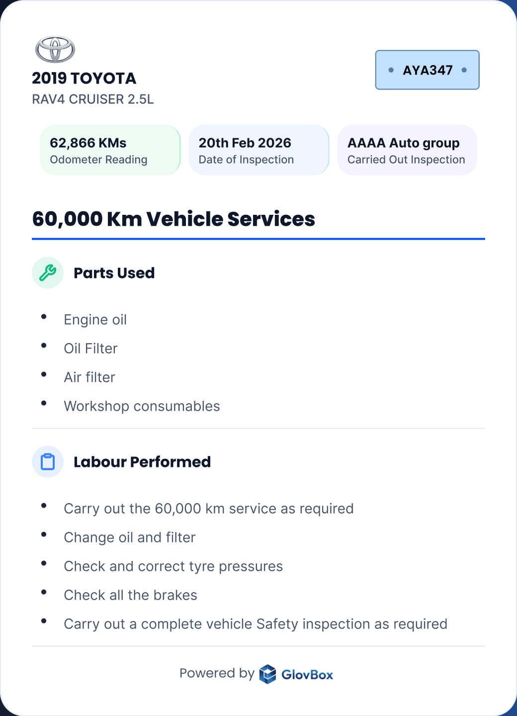 Customer-facing service evidence with pricing and personal details removed