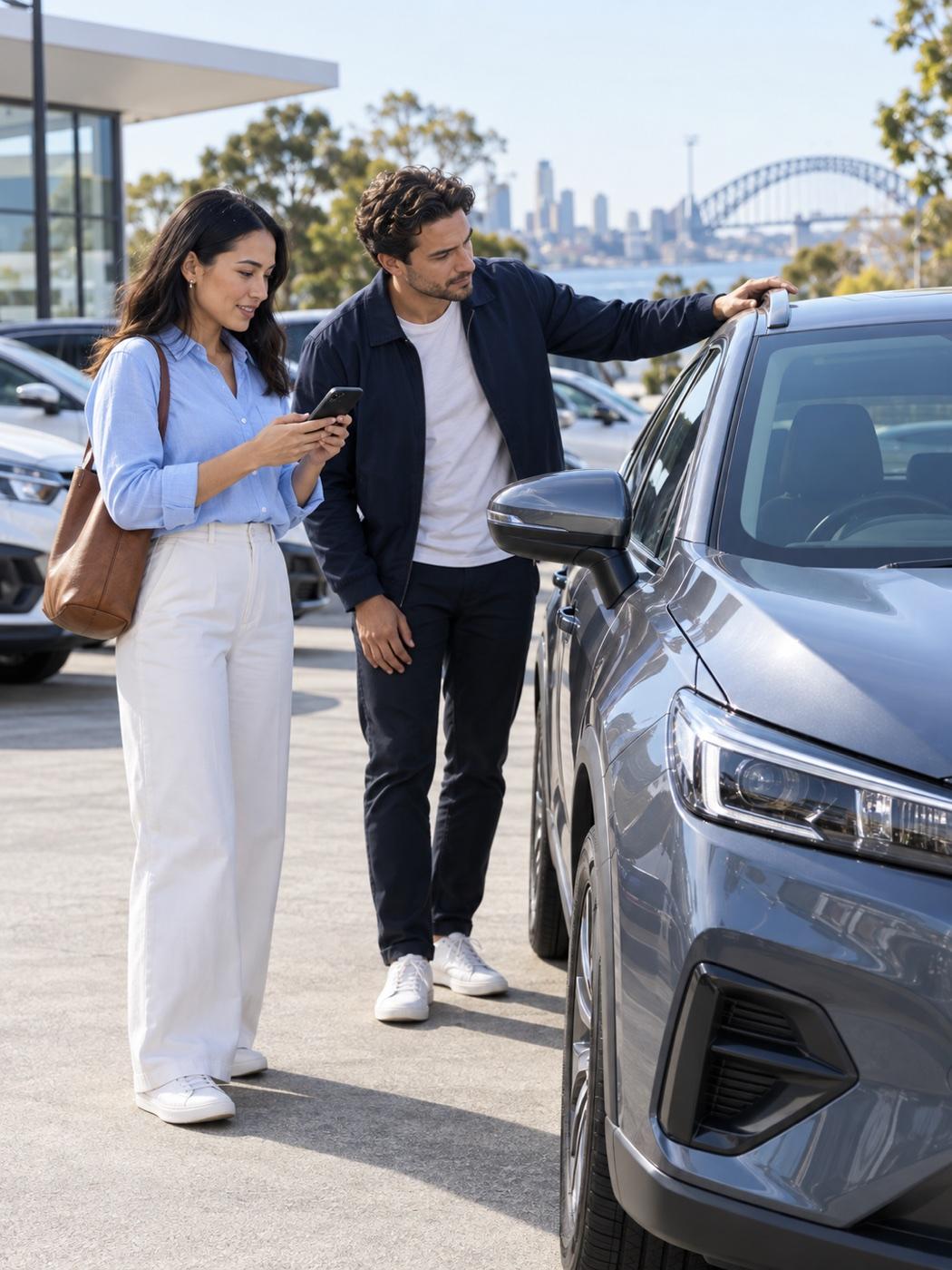 Car buyers inspecting a vehicle at an Australian dealership