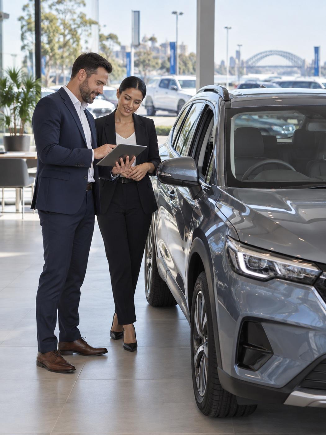 Dealer team reviewing vehicle information on a tablet