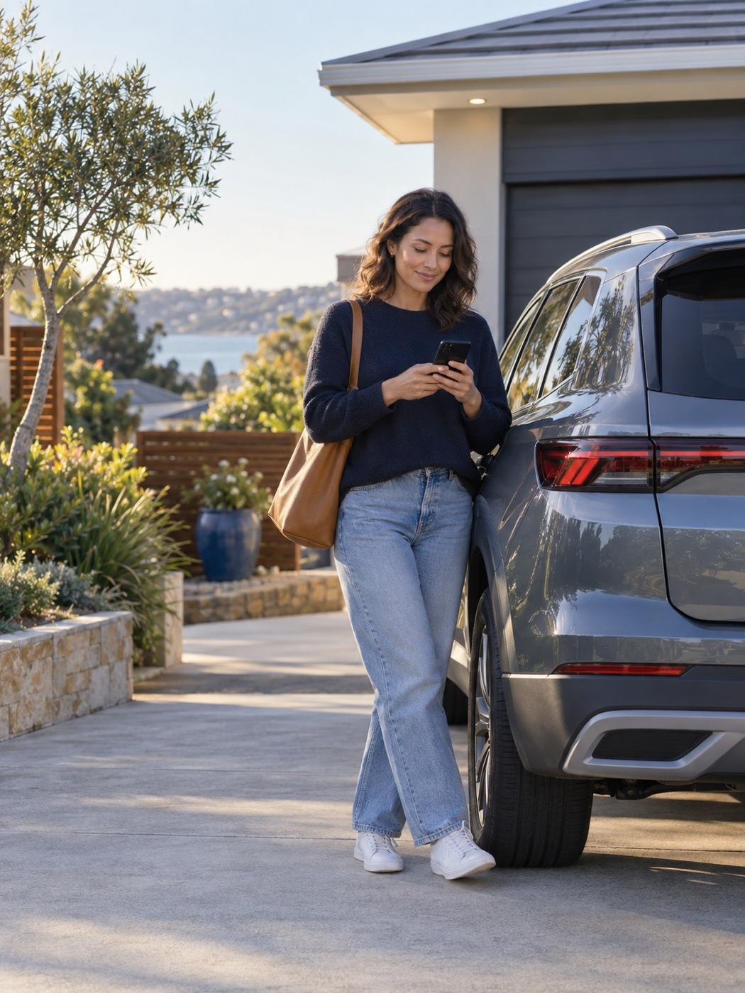 Car owner checking her vehicle details beside an SUV