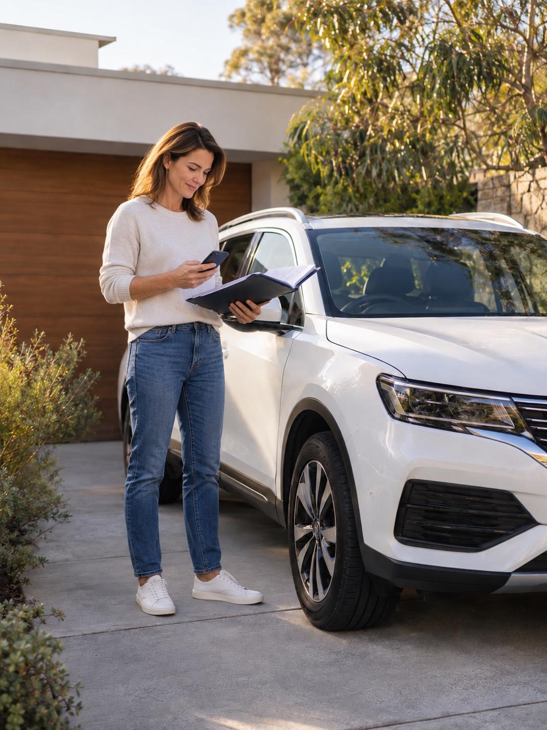 Car seller reviewing service records beside a vehicle