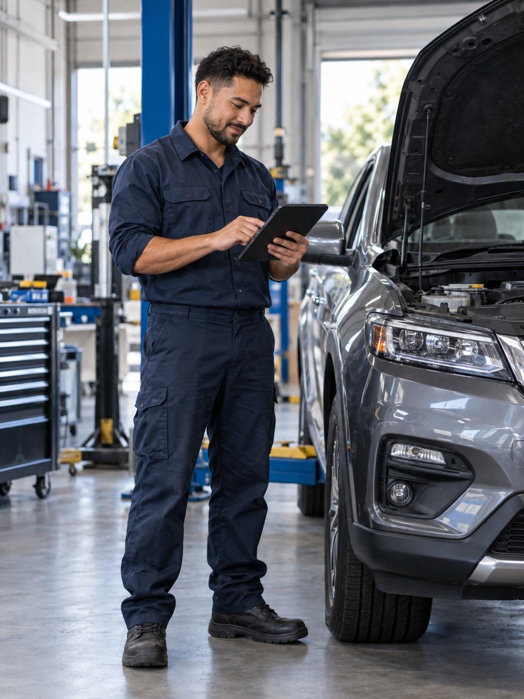 Mechanic recording a completed service in a workshop